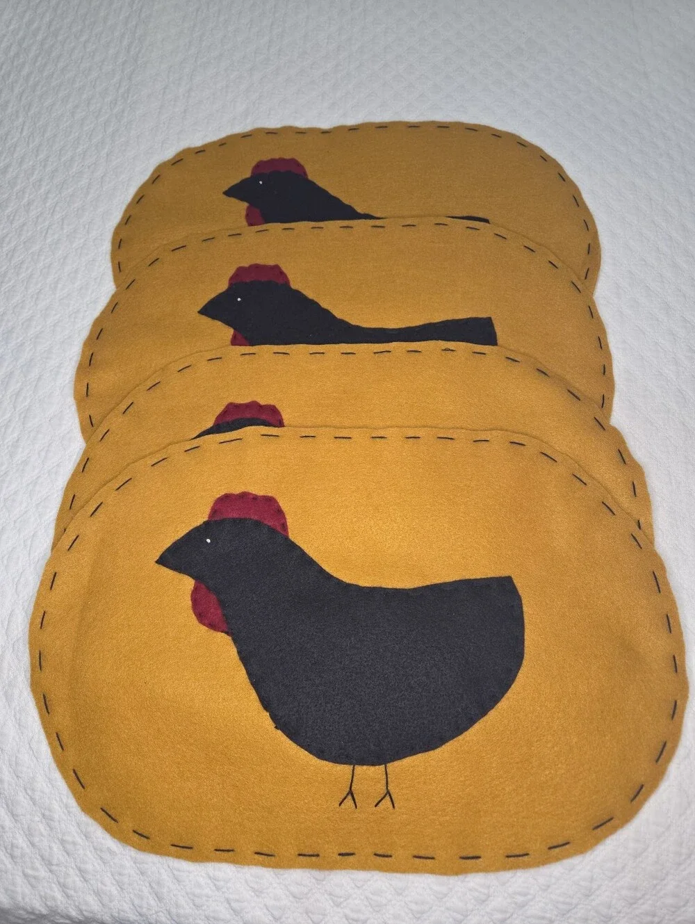 Folk Art Chickens Placemats Set of 4 Felt Handmade Burnt Orange 18x12 Fall Autum